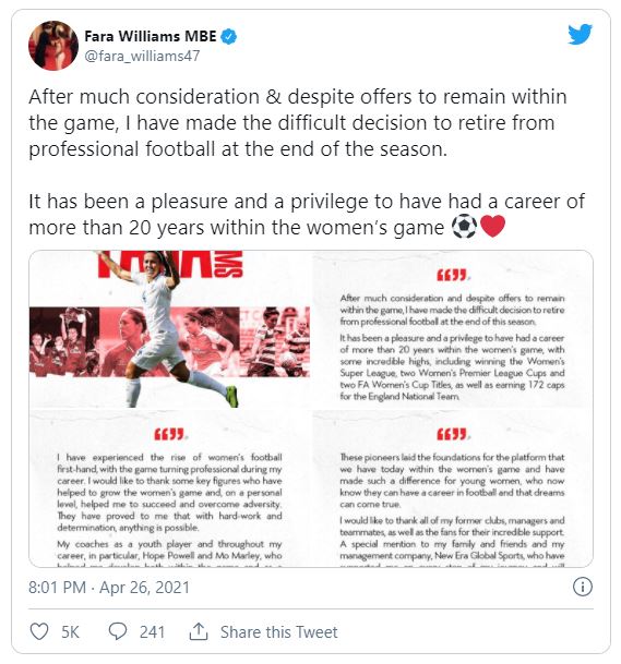 Fara Williams has announced she is to retire at the end of the season.
