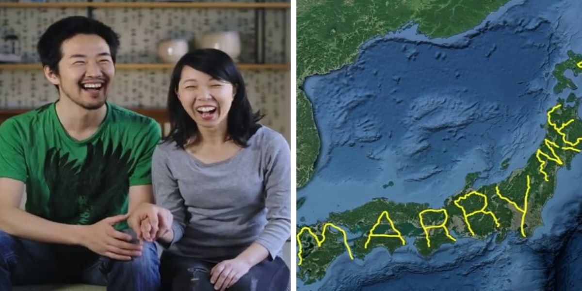 A Japanese man travelled 7163,7 km to create a GPS sketch to propose to his girlfriend. He made the world largest GPS sketch for his marriage proposal